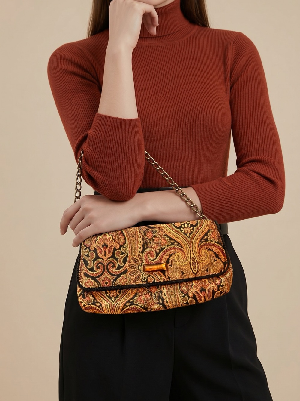 Talbots Paisley Jacquard Shoulder Bag in Rust and Gold